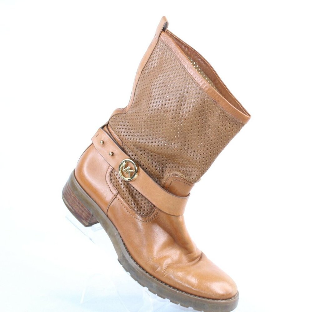 Michael Kors Womens Sz 7.5 Daria Luggage MK Logo Perforated Brown Leather Boots